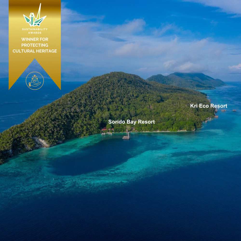 Papua Diving Resorts aerial view from above, sorido bay and kri eco resorts. winner for protecting cultural heritage