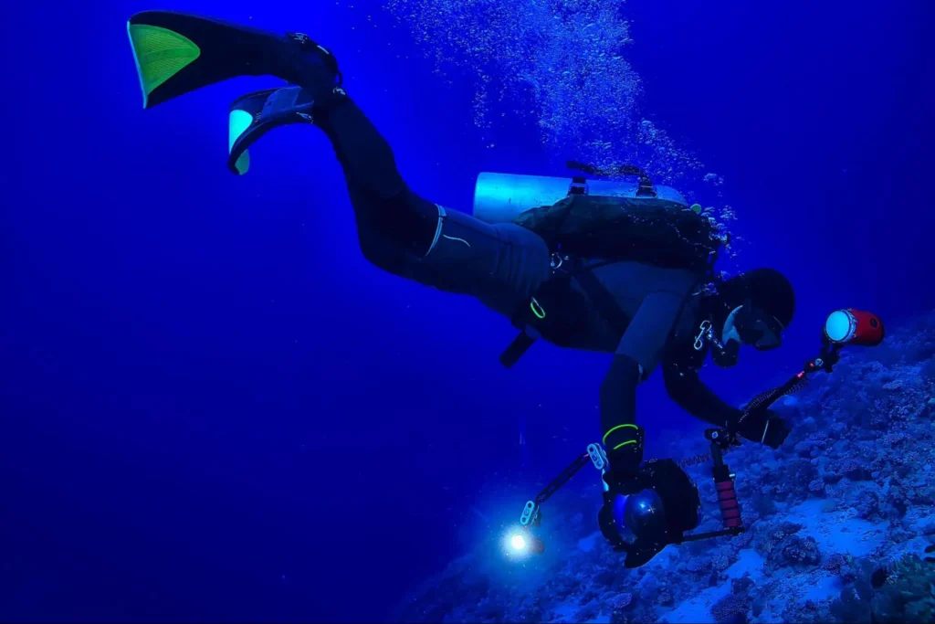 night diving in raja ampat with camera